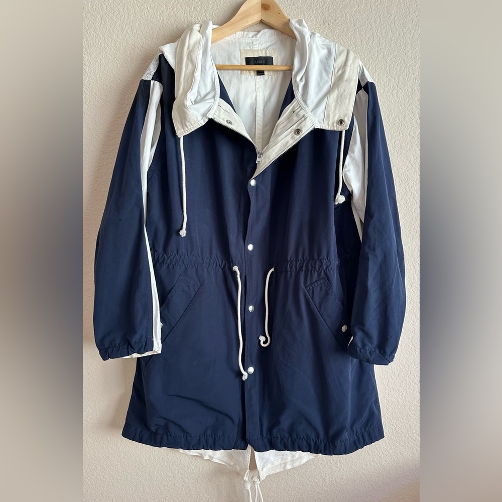 J.Crew Windbreaker Jacket Hooded Water Resistant Tie Waist Women’s M Nautical
